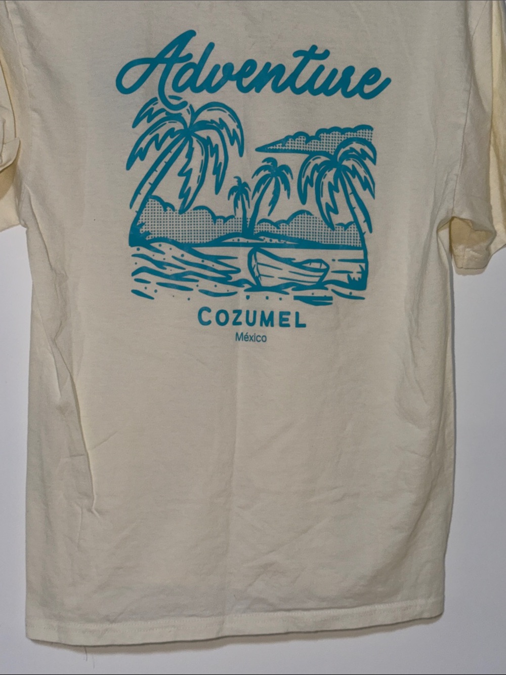 Adventure Cozumel Graphic T-Shirt - Cream with Teal Print NWOT medium